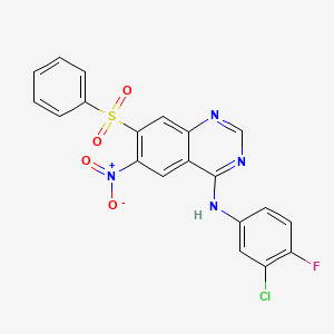 7-(benzenesulfonyl)-N-(3-chloro-4-fluorophenyl)-6-nitroquinazolin-4-amine CAS 945553-94-6